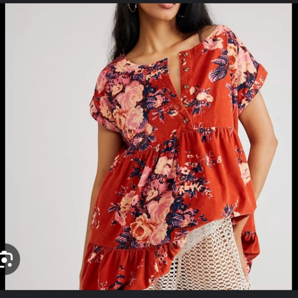 FP Free People Rust Brown Pink Floral Corduroy Dress Button L LG Flower Boho vtg
